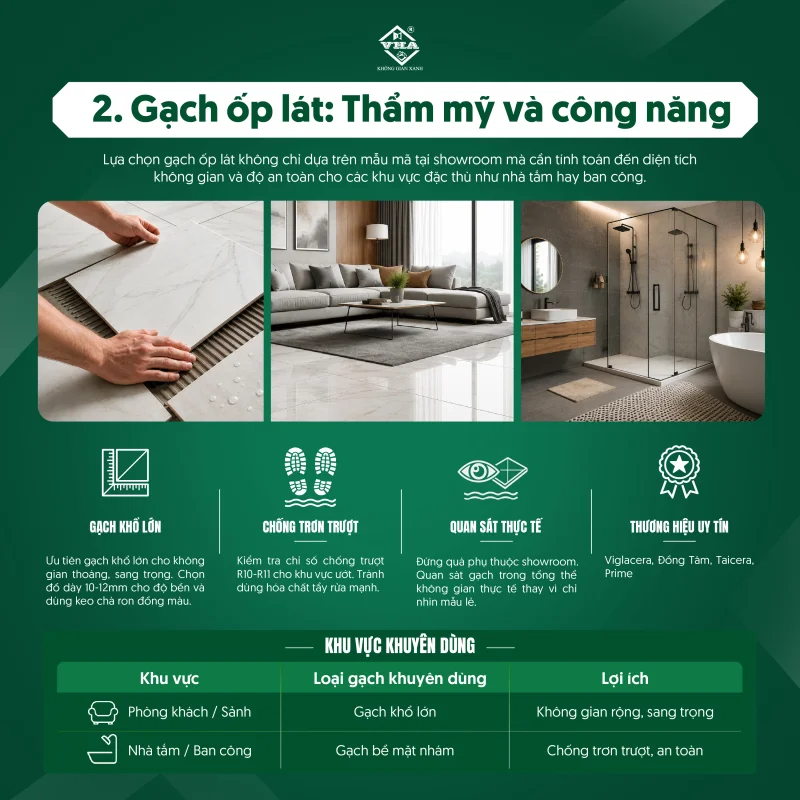 Cách chọn gạch khổ lớn cho phòng khách sang trọng và gạch bề mặt nhám chống trơn trượt cho nhà tắm