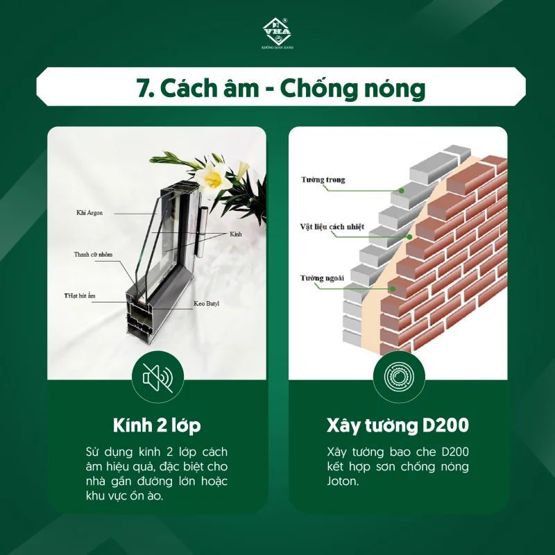 Sử dụng hệ kính hộp 2 lớp cách âm và xây tường bao che dày D200 chống nóng hiệu quả